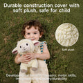 Child lying on grass hugging a plush lamb with a close-up inset of its soft fleece texture. Text emphasizes safe, durable plush material and developmental benefits for children.