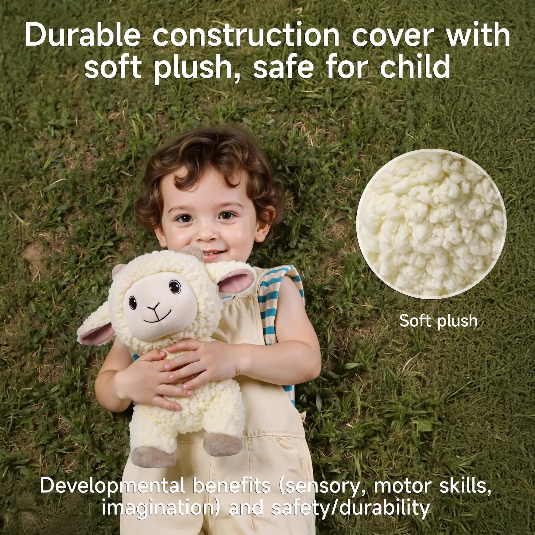 Child lying on grass hugging a plush lamb with a close-up inset of its soft fleece texture. Text emphasizes safe, durable plush material and developmental benefits for children.