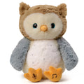 Interactive talking Animated owl plush toy for kids, featuring soft brown and gray fur, large blue-accented eyes, a yellow beak, and orange feet with embroidered microphone and music note icons, indicating sound and music features.