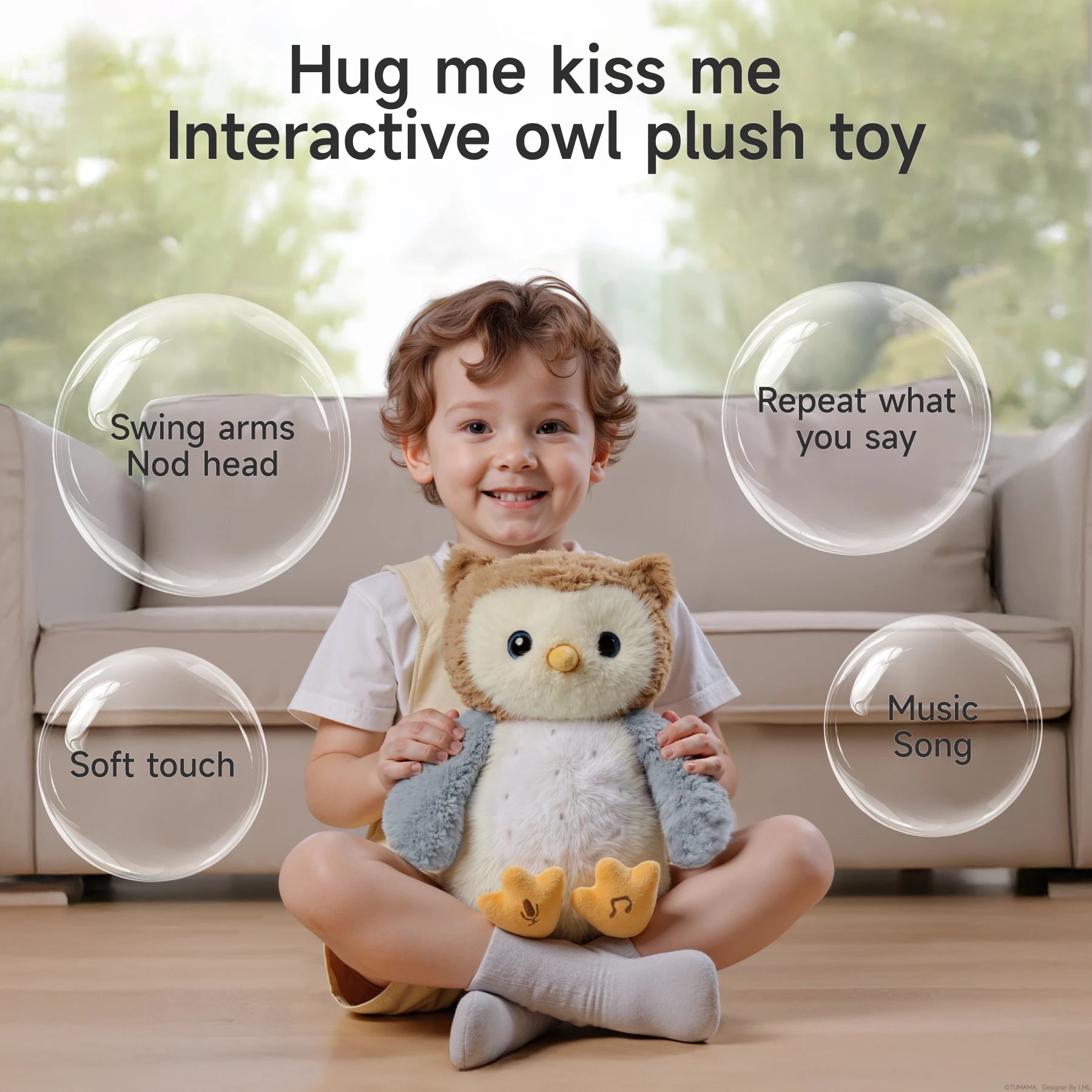 Happy toddler sitting on the floor holding an interactive owl plush toy, with labeled features displayed around them: "Swing arms, Nod head," "Soft touch," "Repeat what you say," and "Music Song." Text at the top reads "Hug me kiss me Interactive owl plush toy." The setting is a cozy living room with natural light.