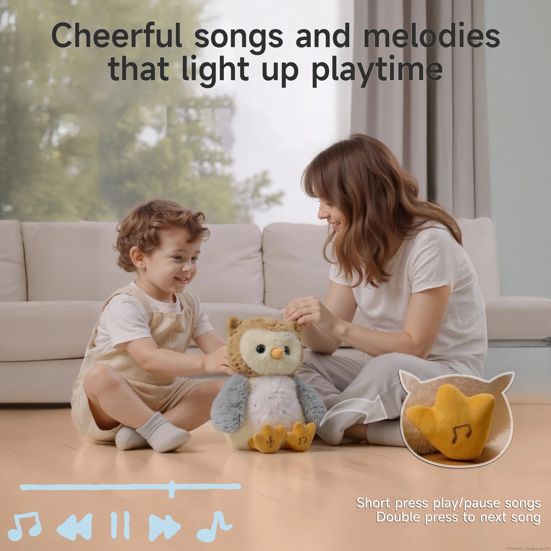 Mother and child sitting on the floor in a living room, smiling and interacting with an animated and talking owl plush toy. The toy features music control through its foot, with instructions shown: "Short press play/pause songs, double press to next song." Text at the top reads "Cheerful songs and melodies that light up playtime," with music player icons displayed along the bottom.