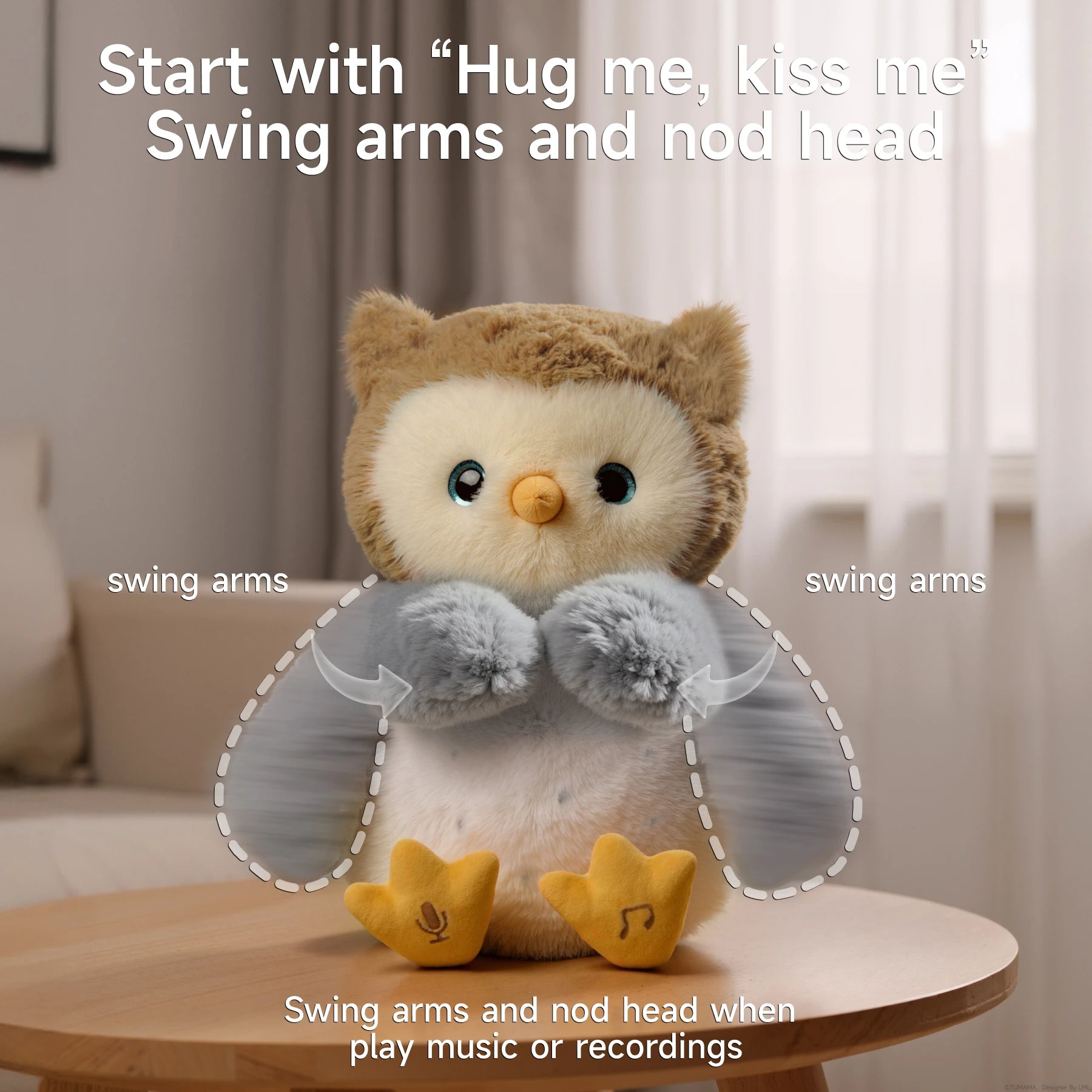 Interactive owl plush toy sitting on a round wooden table in a cozy room. The toy is shown mid-motion with dotted arrows indicating swinging arm movement. Text highlights its features: "Start with 'Hug me, kiss me'," "Swing arms and nod head," and "Swing arms and nod head when play music or recordings."