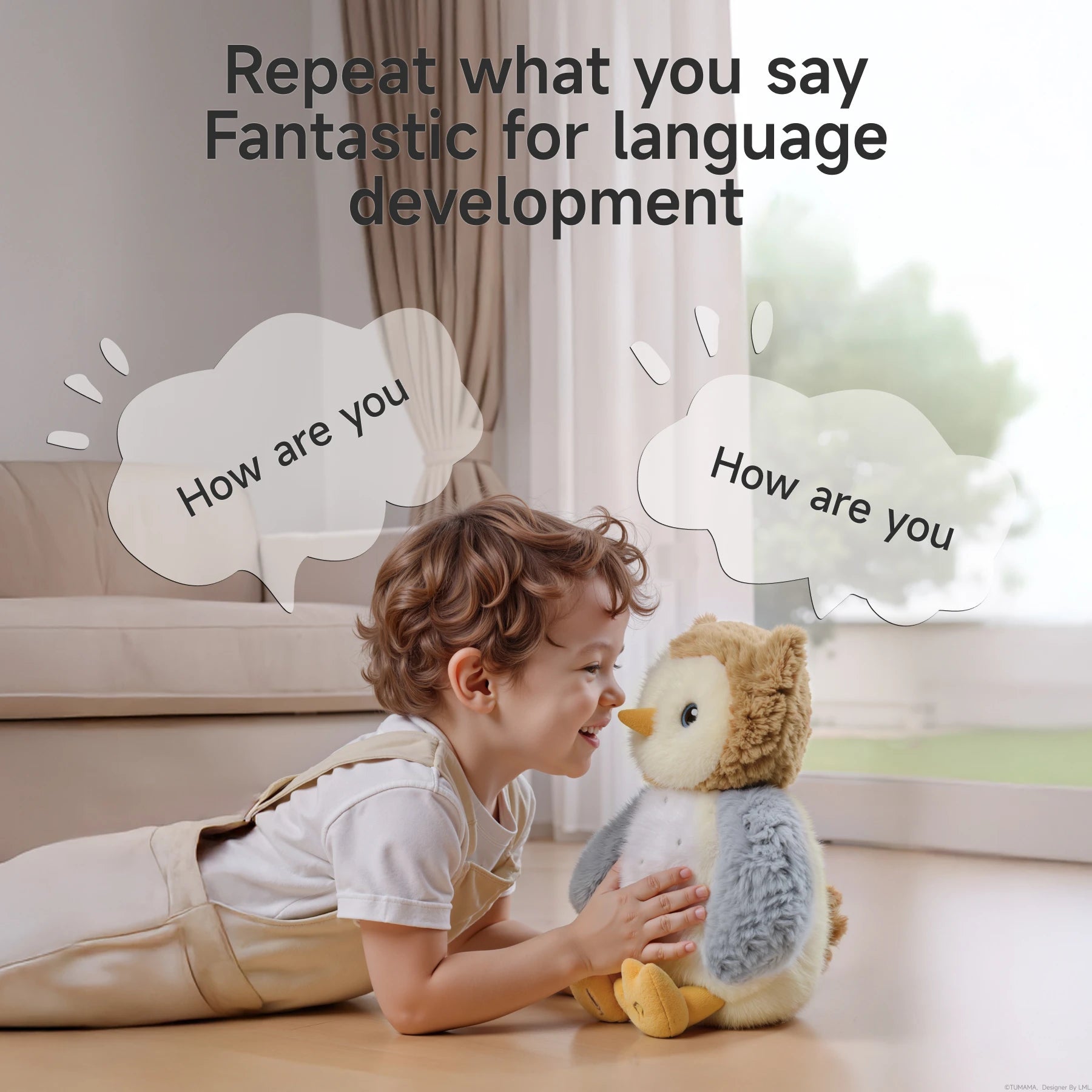Smiling child lying on the floor talking to an interactive owl plush toy. Speech bubbles show both the child and the toy saying "How are you." Text above reads: "Repeat what you say – Fantastic for language development," emphasizing the toy's speech mimicry feature. A bright and cozy living room is visible in the background.