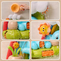 Close-up collage showing interactive features of a toddler waterfall bath toy, including water being poured into a cloud, spinning gears, flowing streams from flower pots, rotating sun, and waterwheel motion to engage and entertain during bath time.