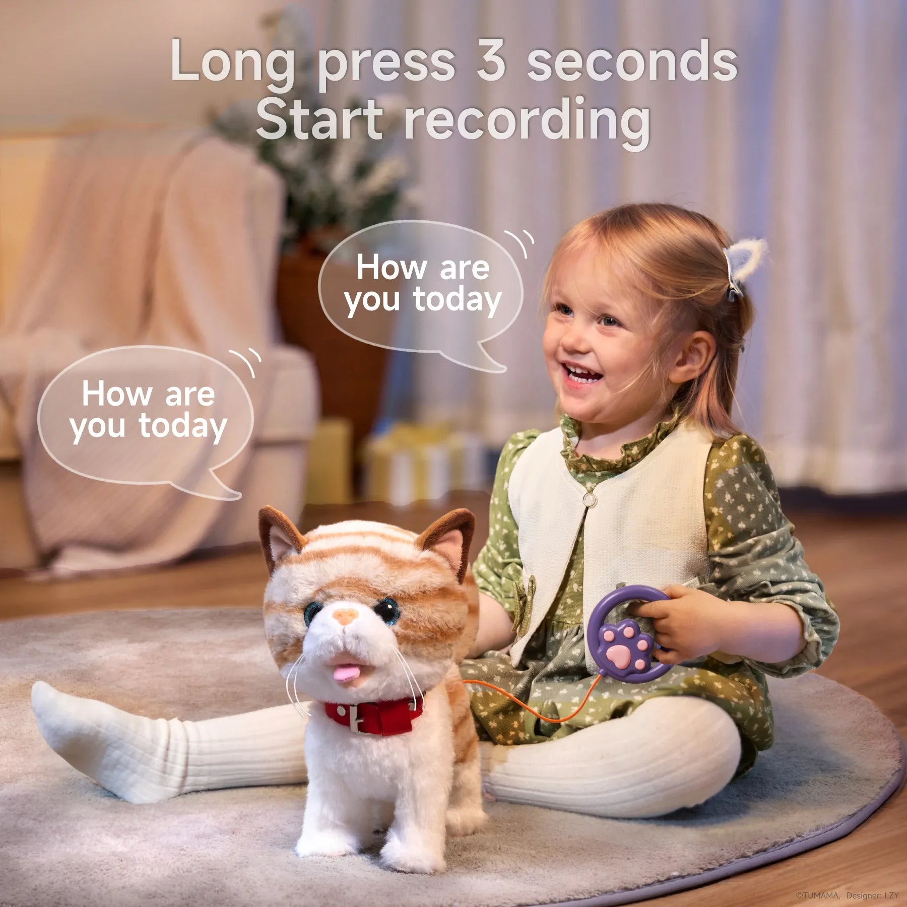 Smiling little girl sitting on a rug using a remote to activate a talking electric toy cat that repeats the phrase 'How are you today', showcasing the toy’s voice recording and playback feature in a cozy home setting.
