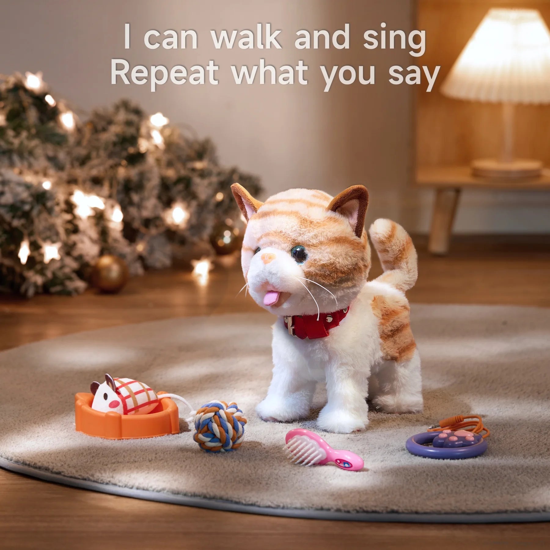 Plush electronic walking toy cat standing on a rug beside toy accessories including a food bowl, ball, brush, and remote control, with festive lights in the background and text highlighting its walking, singing, and voice-repeating functions.