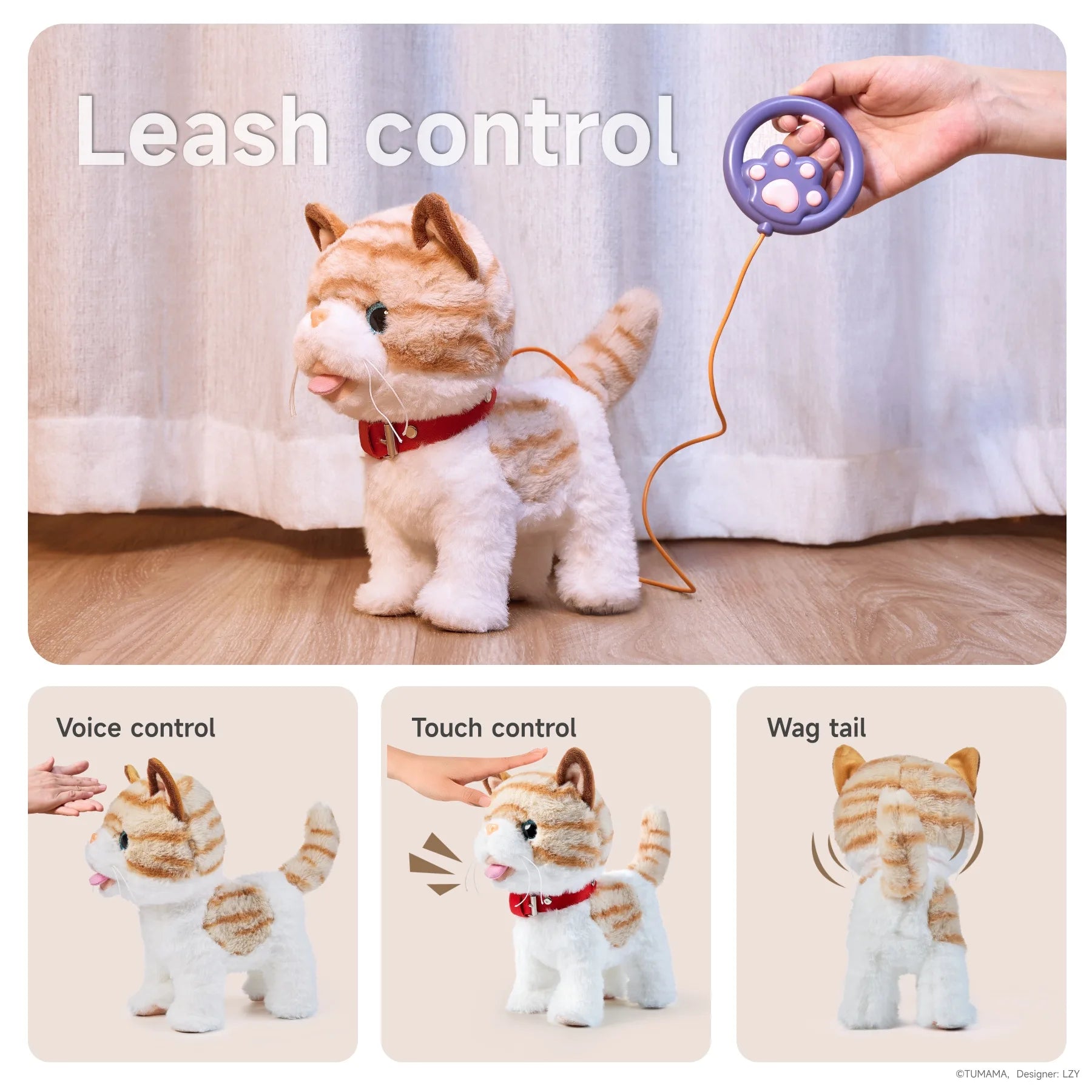 Interactive plush toy cat shown with a child-friendly leash control, demonstrating features like voice control, touch response, and animated tail wagging.