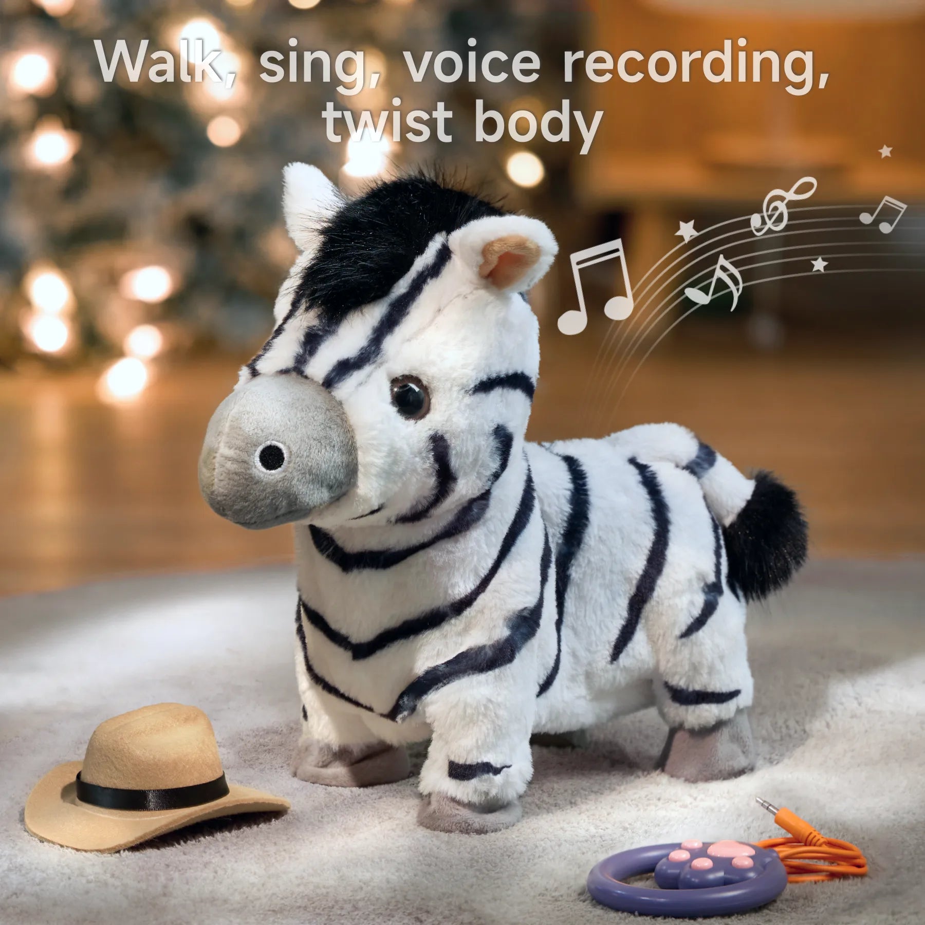 Interactive zebra plush toy with black and white stripes, standing on a soft rug. A tan cowboy hat lies on the left and a purple paw-shaped remote with an orange cord is on the right. Musical notes float in the background under the text: 'Walk, sing, voice recording, twist body', indicating the toy's multifunctional features.