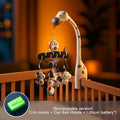 Zebra-themed crib mobile with plush animal toys above a crib, labeled as rechargeable version with owl bed mobile and included lithium battery.