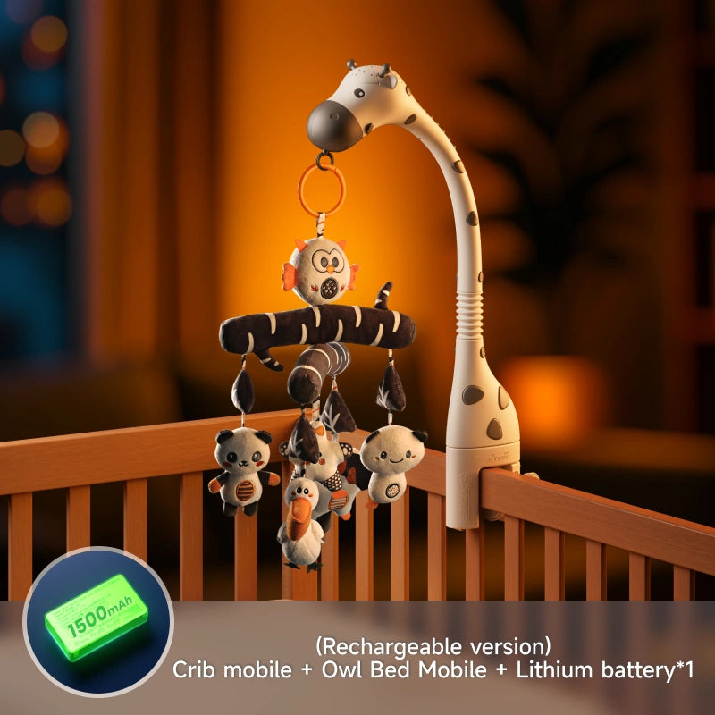 Zebra-themed crib mobile with plush animal toys above a crib, labeled as rechargeable version with owl bed mobile and included lithium battery.