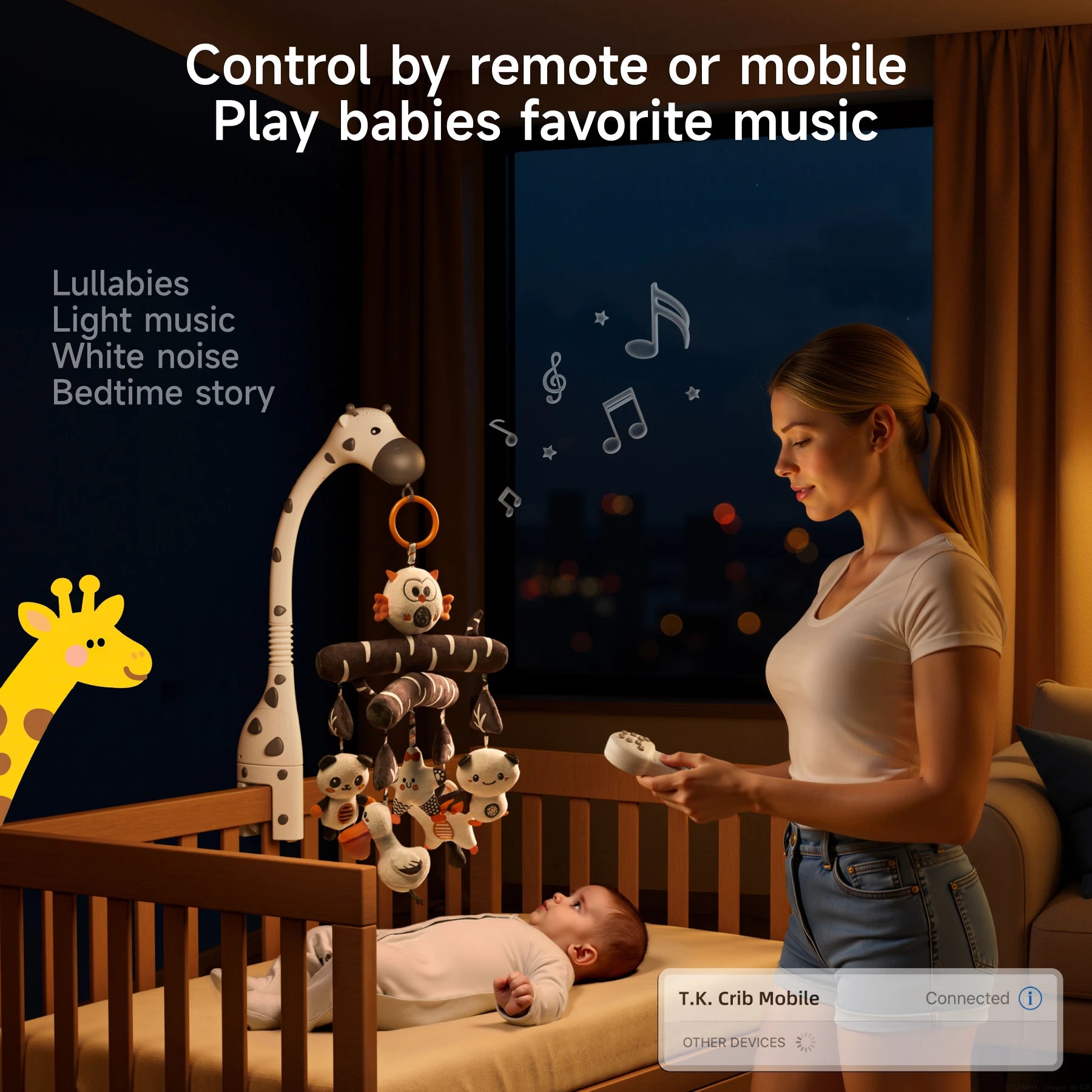 Mother using remote control to operate zebra-themed crib mobile with soft animal toys, playing lullabies and light music for baby lying in wooden crib at night.