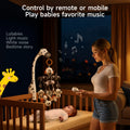 Mother using remote control to operate zebra-themed crib mobile with soft animal toys, playing lullabies and light music for baby lying in wooden crib at night.