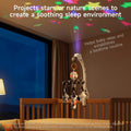 Zebra-themed crib mobile projecting colorful stars onto the ceiling, with soft animal toys hanging above an empty wooden crib at night.
