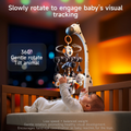 Baby lying in crib reaching for zebra-themed mobile with soft animal toys, gently rotating 360 degrees under warm ambient lighting.