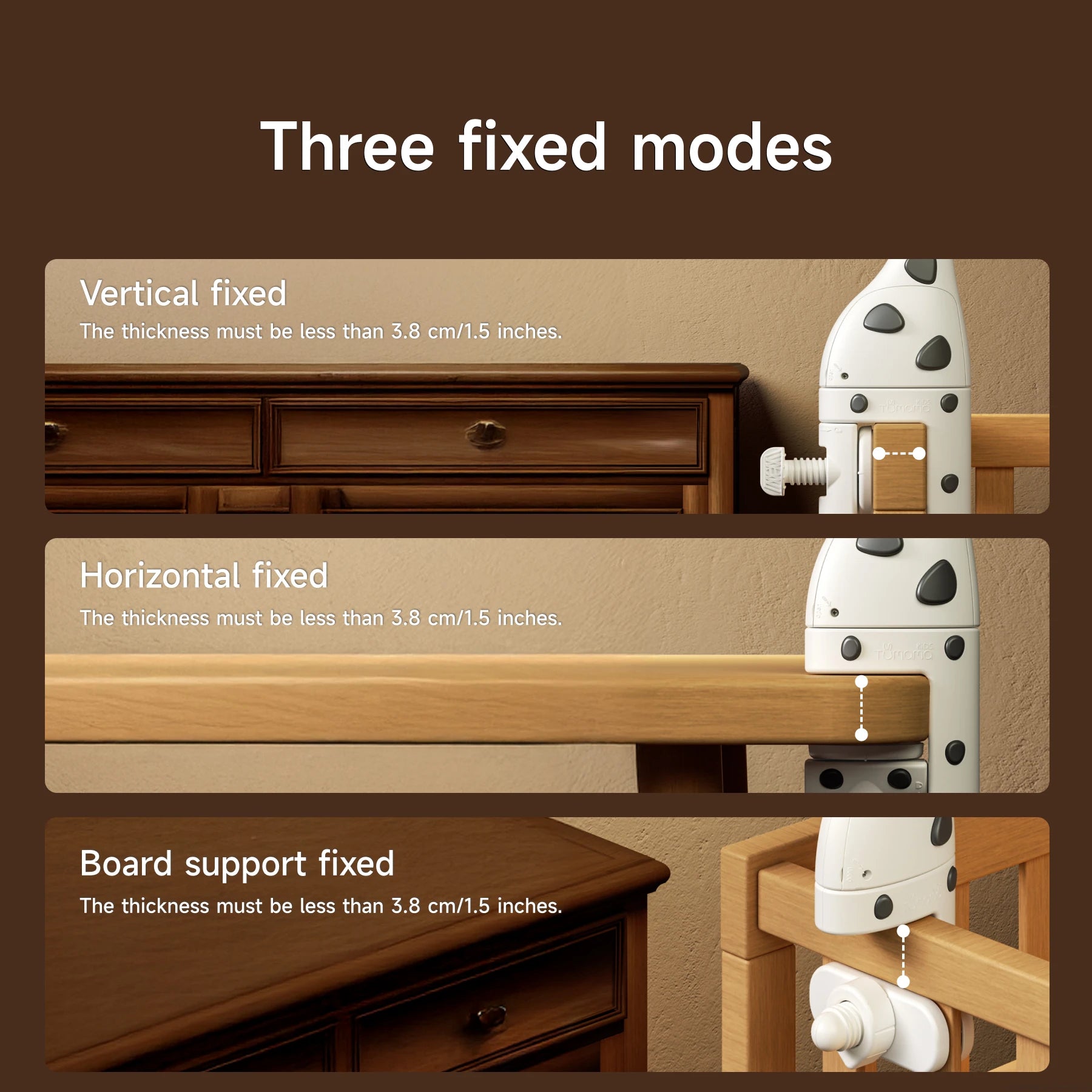Three mounting options for zebra-themed crib mobile: vertical fixed, horizontal fixed, and board support fixed, each suitable for surfaces less than 3.8 cm thick.