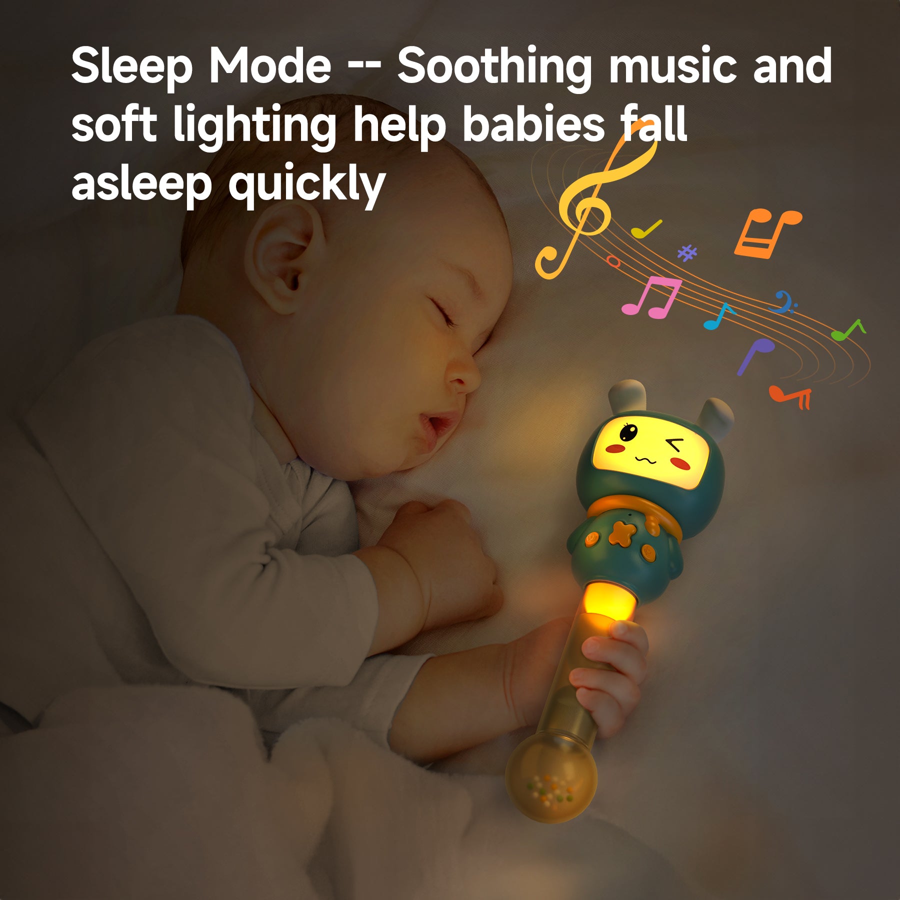 Baby sleeping peacefully while holding a 3-in-1 musical toy with soft night light and soothing music, designed to help infants fall asleep quickly in sleep mode.