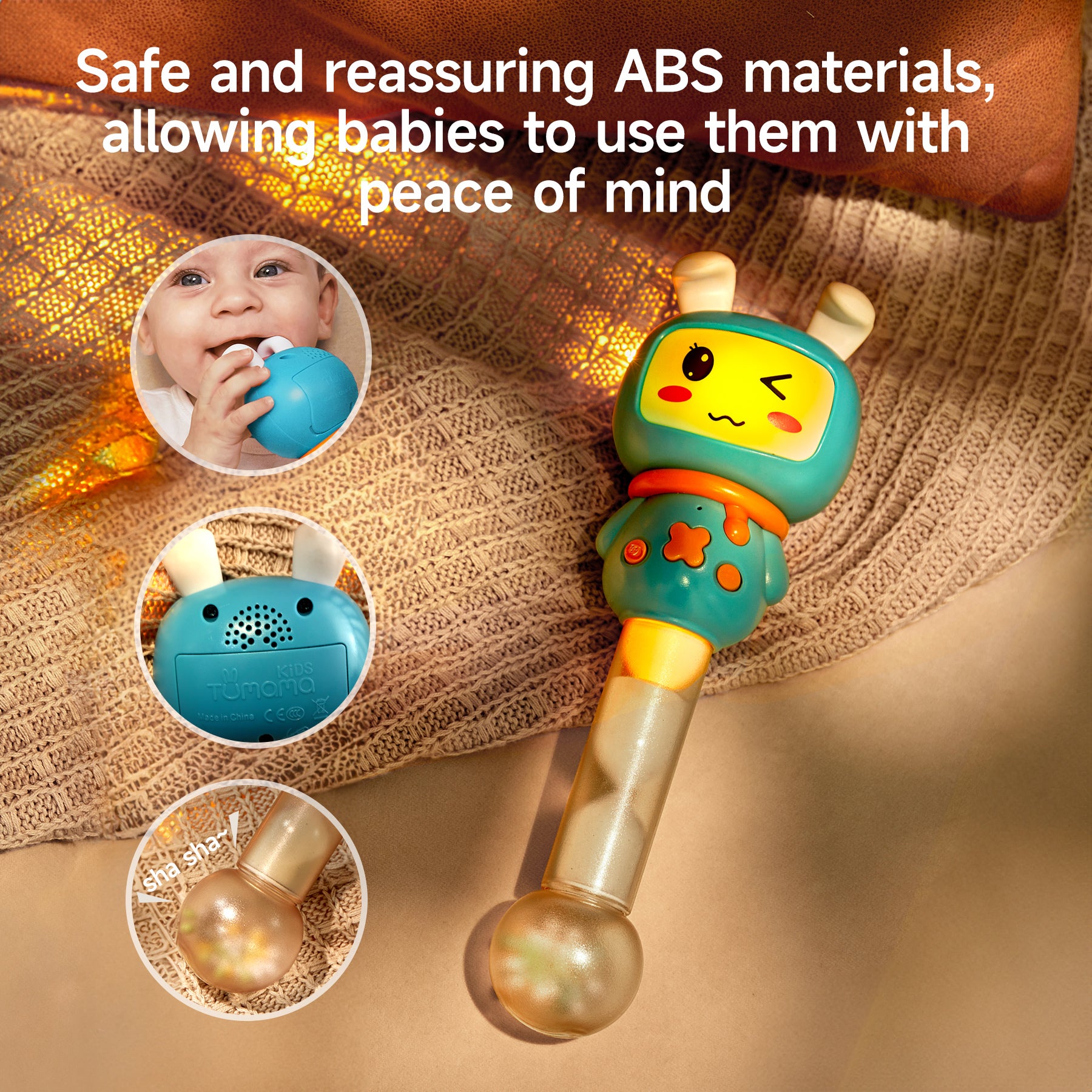 3-in-1 baby musical toy made of safe ABS materials, featuring cute cartoon design, music, lights, and recording functions. Close-up details show baby safely chewing the toy, built-in speaker, and rattle ball with beads.