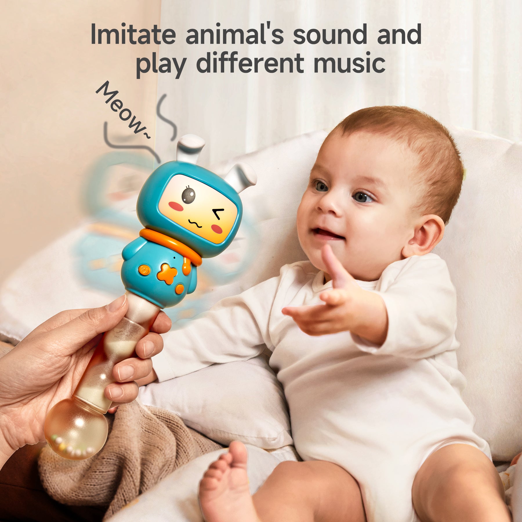 Baby playing with a 3-in-1 musical toy that imitates animal sounds like 'meow' and plays different music, featuring a cute cartoon design with light-up rattle handle.