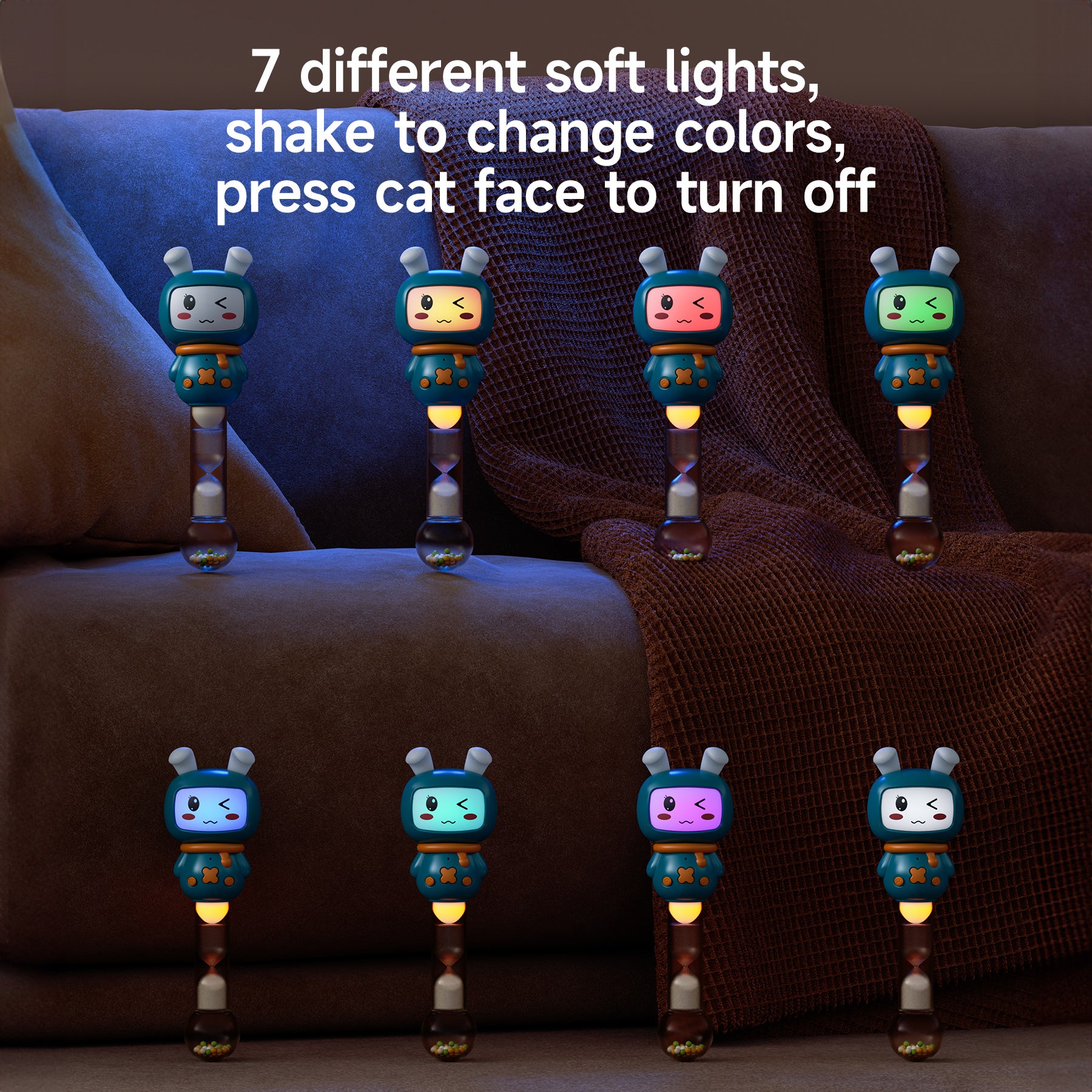 3-in-1 baby musical toy with 7 different soft light colors. Toy can change colors when shaken and turn off by pressing the cat face button, shown glowing in multiple light variations.