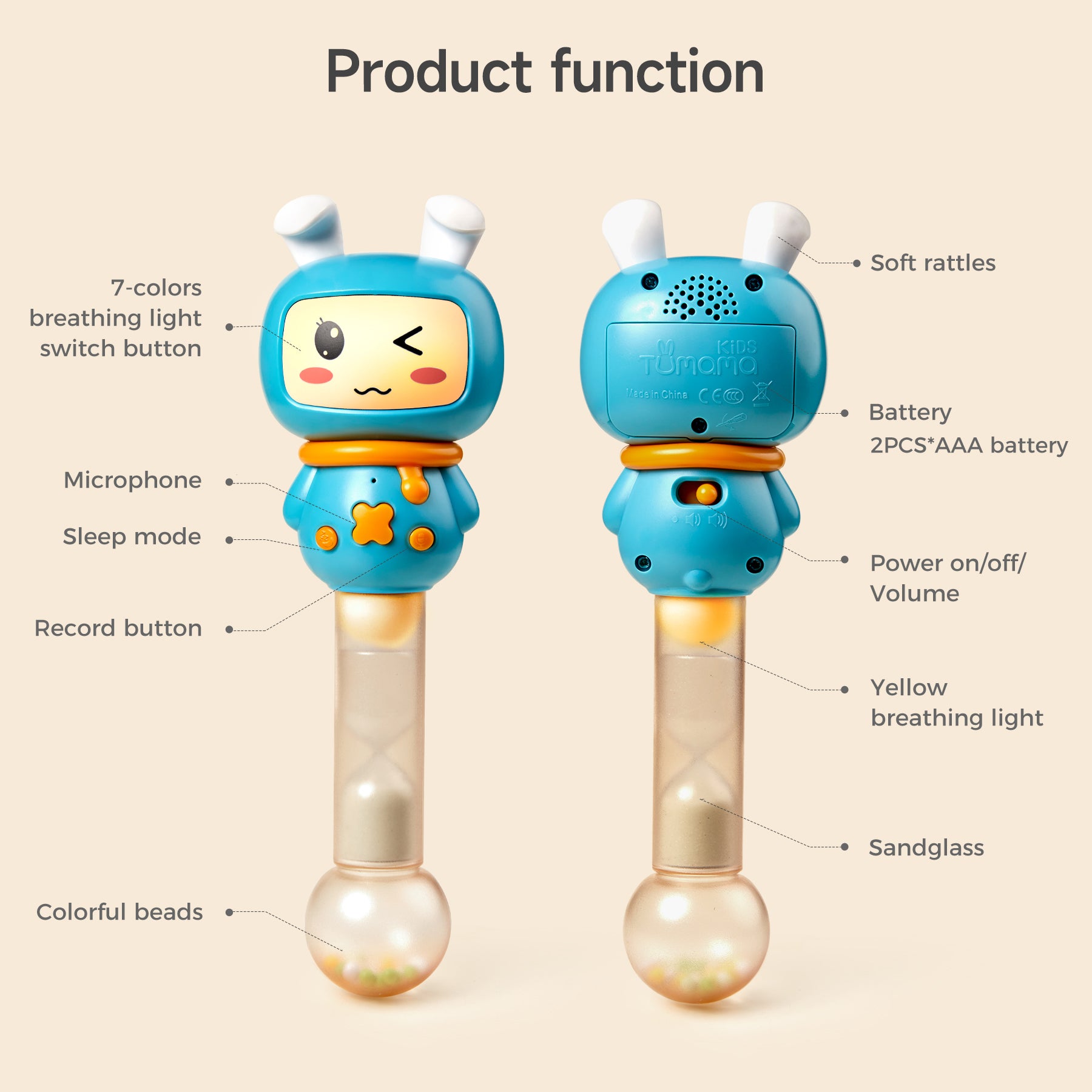 Front and back view of 3-in-1 baby musical toy microphone, showing labeled product functions: 7-color breathing light button, microphone, sleep mode, record button, colorful beads, sandglass, yellow breathing light, power on/off with volume, battery compartment for 2 AAA batteries, soft rattles, and speaker.