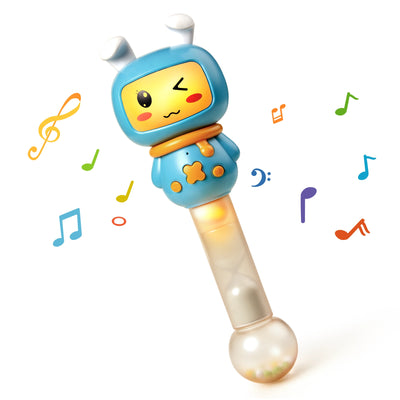 Blue bunny-shaped baby musical rattle with a cute face and teether bunny ears. The handle lights up, and the transparent ball at the bottom contains small beads that make sounds when shaken.