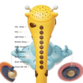 Close-up of the giraffe-shaped crib mobile control panel with brown buttons along its neck. The buttons are labeled for different functions including: Volume - / Mute, Volume +, Light Setup, Rotation Setup, Music Mode 1, Music Mode 2, Music Mode 3, Music Mode 4, and Power ON/OFF. The giraffe’s head has small star-shaped light holes for projection, and part of the hanging toys (a blue cloud and moon) are visible in the background.