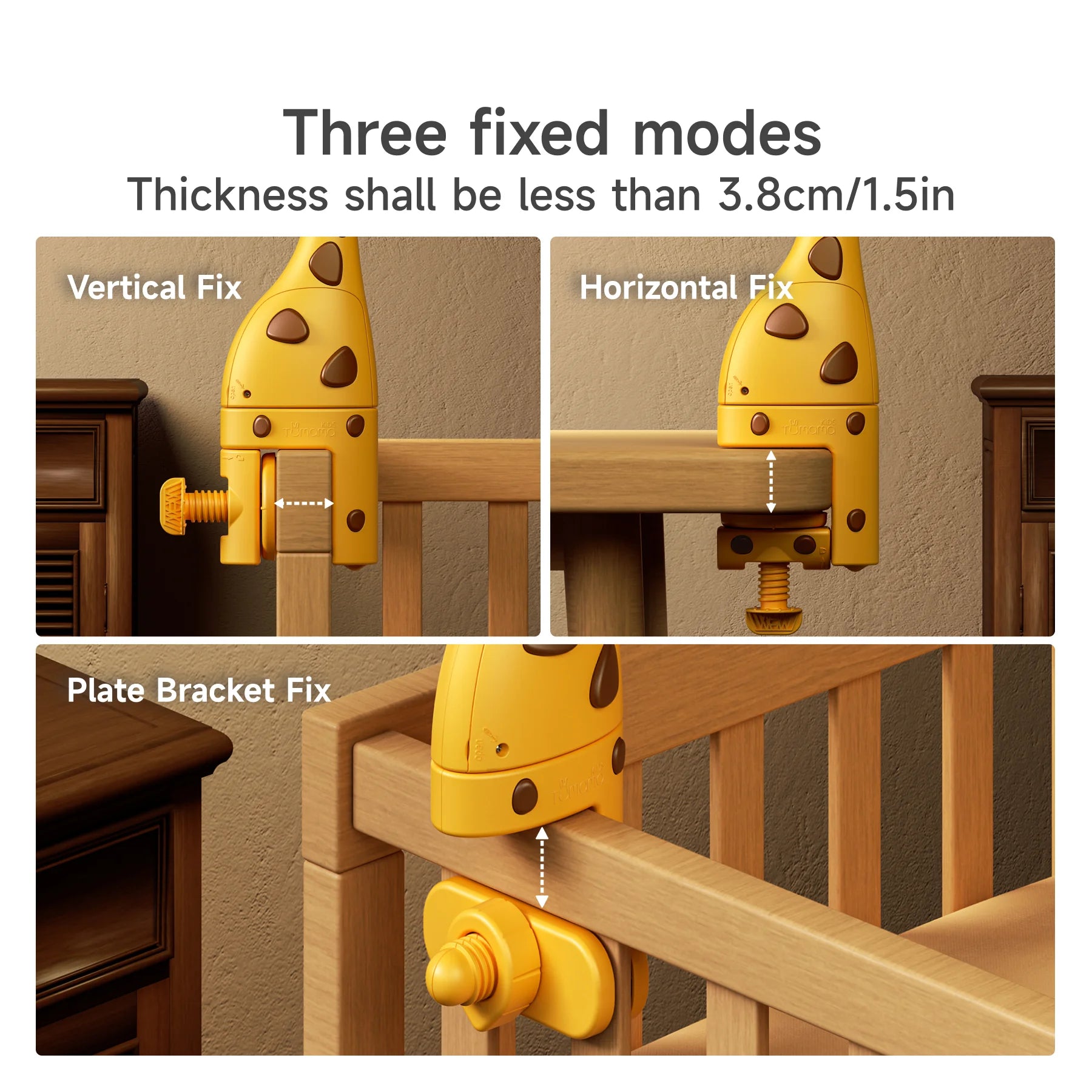 Instruction image showing three ways to fix the giraffe-shaped crib mobile to a crib. The top text reads “Three fixed modes – Thickness shall be less than 3.8 cm / 1.5 in”.