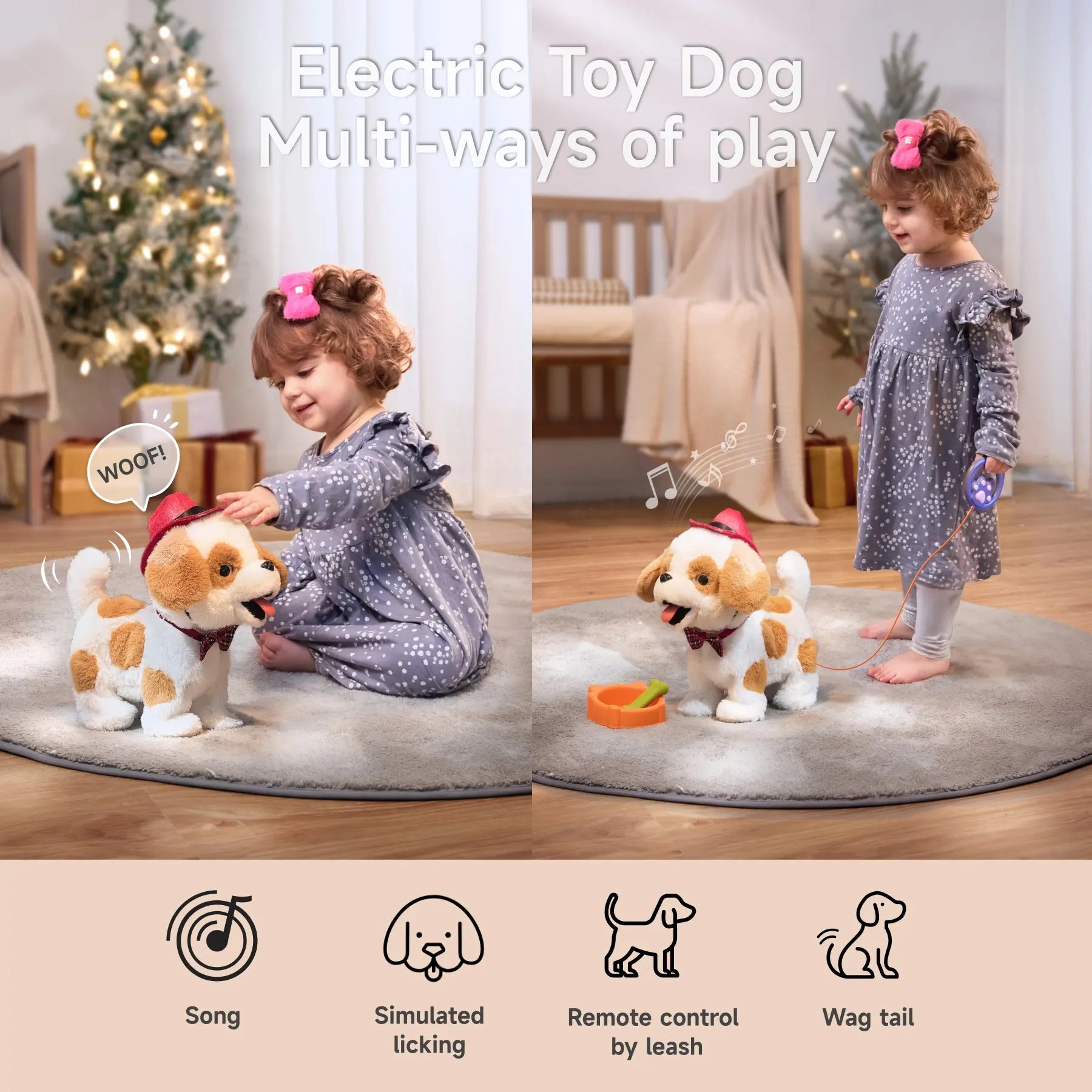 Toddler girl in a grey polka-dot dress plays with an electric toy dog in two scenes: on the left, she pats the dog wearing a red hat and bowtie as it says 'WOOF'; on the right, she holds a purple paw-shaped leash controller while the dog walks and plays music. Icons below indicate features: Song, Simulated licking, Remote control by leash, and Wag tail.