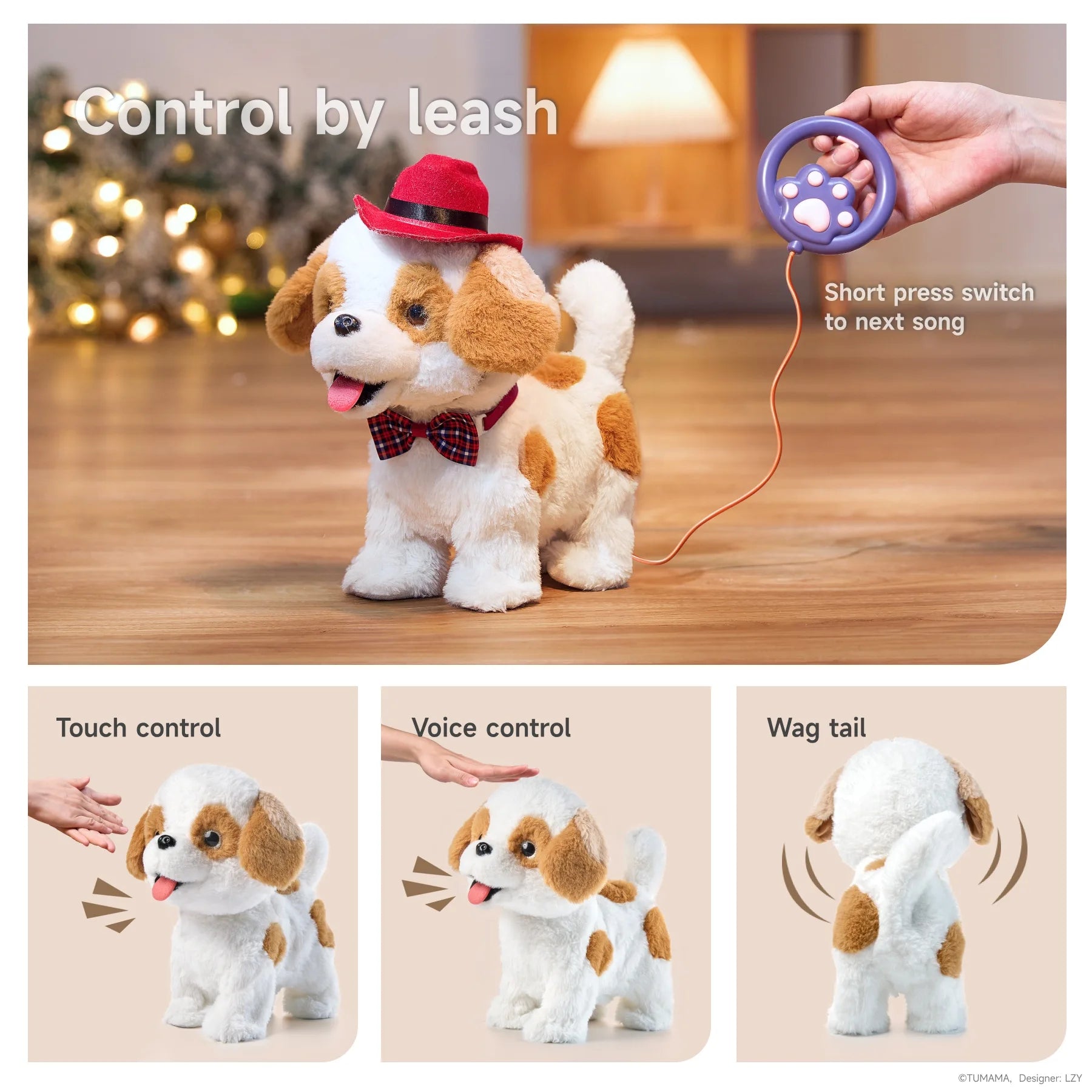 Electric plush toy dog with brown and white fur, wearing a red hat and plaid bowtie, shown being controlled by a child’s hand holding a purple paw-shaped leash controller. The top of the image says 'Control by leash' with a note indicating 'Short press switch to next song.' Below are three illustrations showing the toy dog’s features: singing children’s songs, responding to touch control, and wagging its tail.