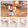 Electric plush toy dog with brown and white fur, wearing a red hat and plaid bowtie, shown being controlled by a child’s hand holding a purple paw-shaped leash controller. The top of the image says 'Control by leash' with a note indicating 'Short press switch to next song.' Below are three illustrations showing the toy dog’s features: singing children’s songs, responding to touch control, and wagging its tail.