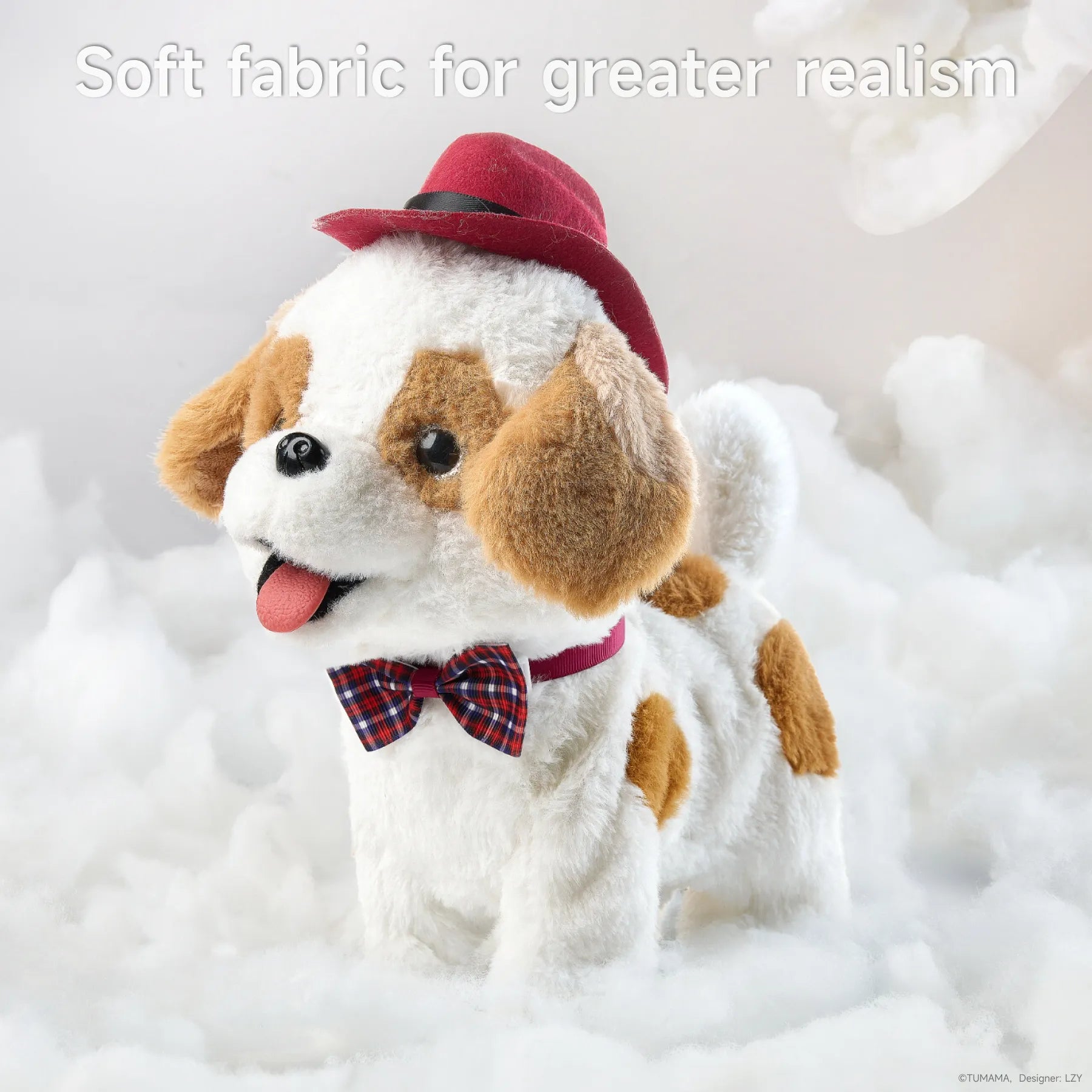 Close-up of a plush electric walking toy dog made with soft fabric for realistic texture, featuring white and brown fur, a red felt hat, and a red plaid bowtie, standing in fluffy cloud-like surroundings. Caption reads: 'Soft fabric for greater realism'.