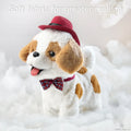 Close-up of a plush electric walking toy dog made with soft fabric for realistic texture, featuring white and brown fur, a red felt hat, and a red plaid bowtie, standing in fluffy cloud-like surroundings. Caption reads: 'Soft fabric for greater realism'.