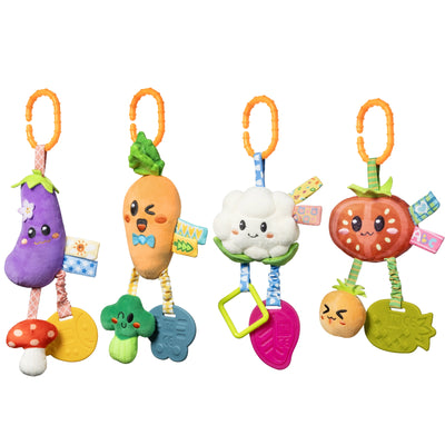 A set of four plush baby rattles shaped like an eggplant, carrot, cauliflower, and tomato, each with cute faces, colorful tags, and attached teething toys. Perfect for sensory play and soothing teething babies.