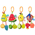 Four fruit-themed plush sensory toys for babies, including a pear, watermelon, apple, and pomegranate. Each toy has colorful tags, dangling textured teethers shaped like fruit, and convenient orange hooks for attaching to strollers or car seats. Perfect for interactive play and sensory development.