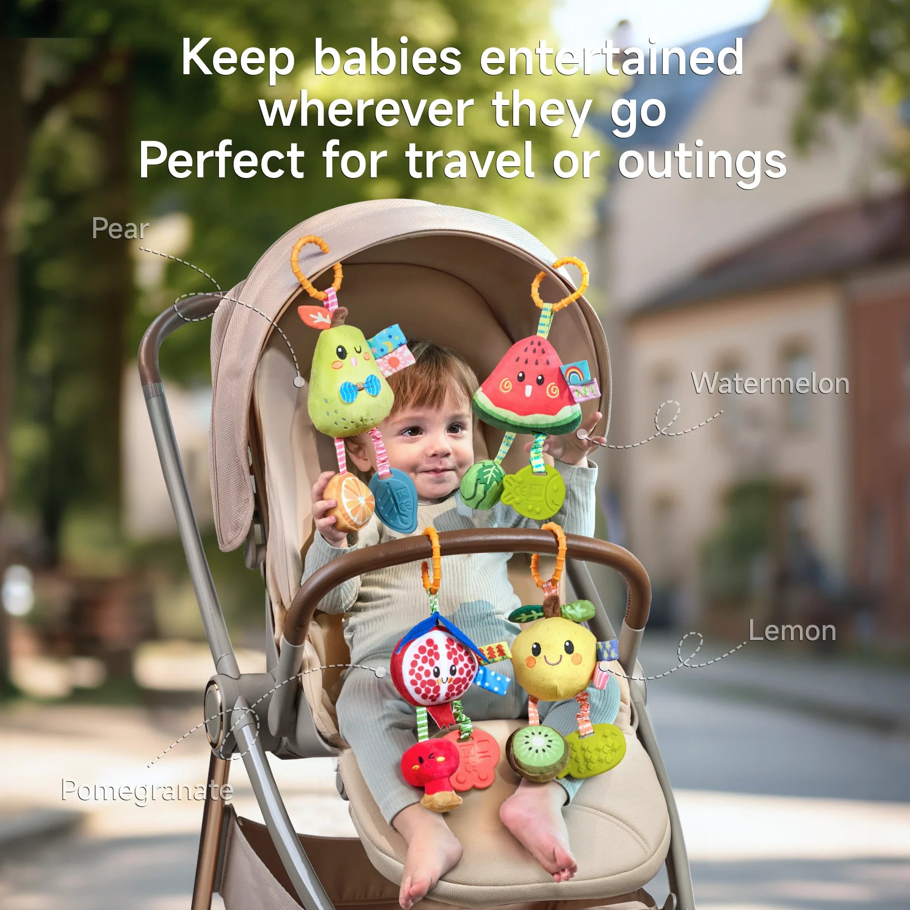 A baby chewing on a textured green teether shaped like a leaf, attached to a plush watermelon toy. Additional teether shapes, including fish, pineapple, and frog, are shown with vibrant colors and safe materials. Text highlights the toys' safe materials and diverse textures for teething relief.