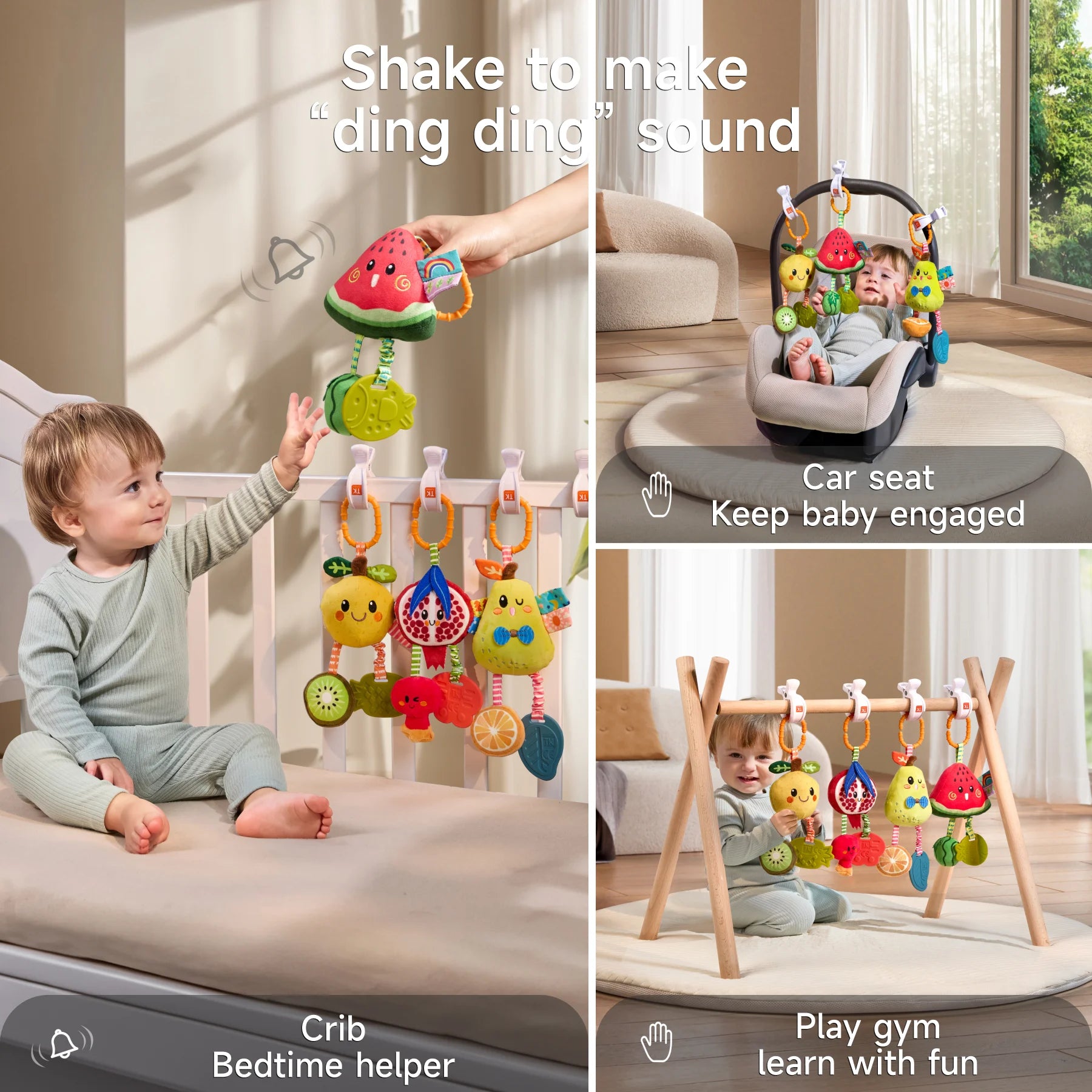 A baby sitting in a stroller plays with colorful hanging plush fruit toys labeled as pear, watermelon, pomegranate, and lemon. The text reads: "Keep babies entertained wherever they go, perfect for travel or outings." The background is an outdoor park scene.