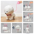 Interactive white plush toy dog with pink sequin bowtie and glitter party hat, shown responding to various actions. Features include voice control, pat response, walking, barking “Woof! Woof!”, and wagging tail. Includes a pink paw-shaped leash controller held by a hand, demonstrating its lifelike behaviors on a wooden floor.