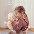 Little girl hugging and cuddling a soft, skin-friendly plush walking toy puppy