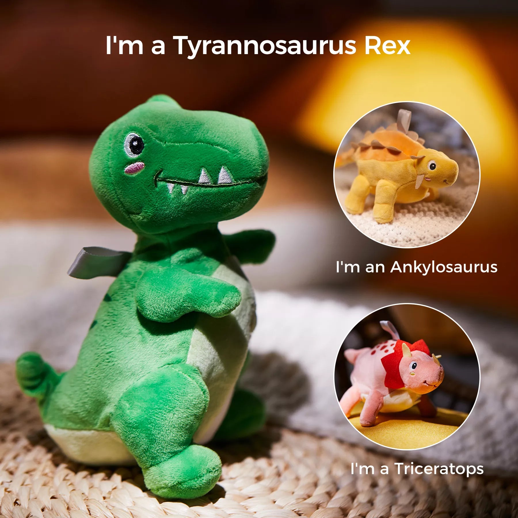 Reversible plush dinosaur egg toy shown as a green Tyrannosaurus Rex in the foreground, with inset circles displaying its yellow Ankylosaurus and pink Triceratops forms