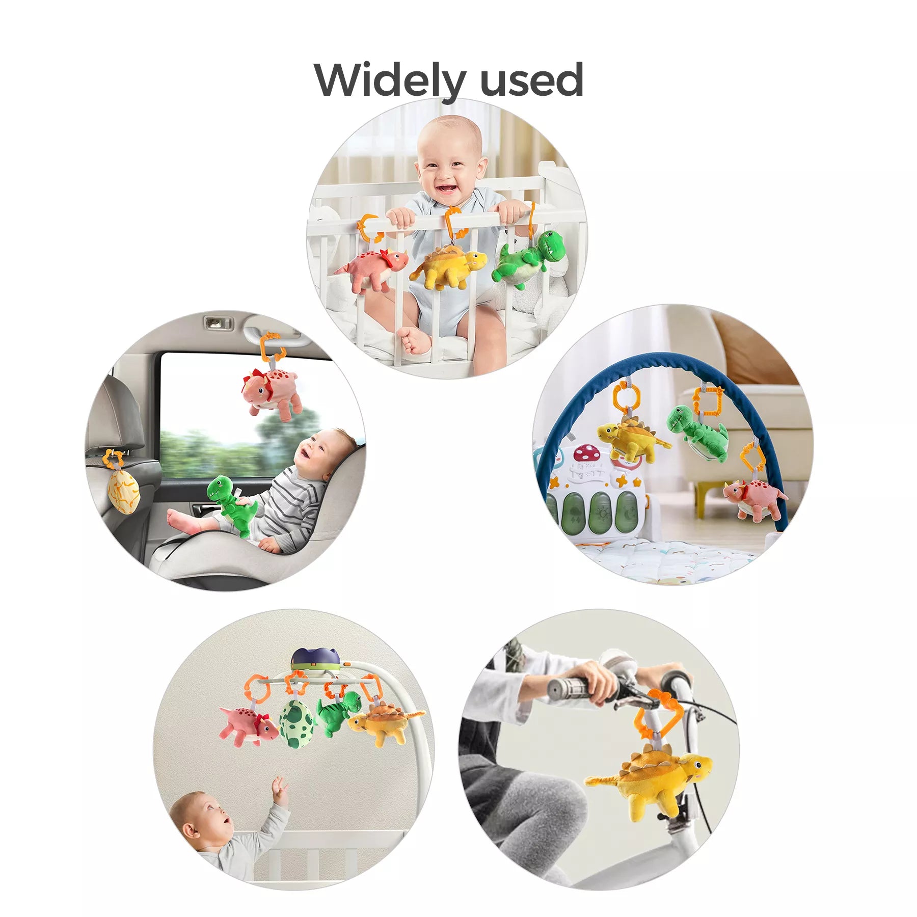 Collage of circular images showing three reversible plush dinosaur hanging toys used in various settings: clipped to a crib rail, attached in a car seat, hanging on a play gym arch, suspended from a mobile, and hooked to stroller handlebars
