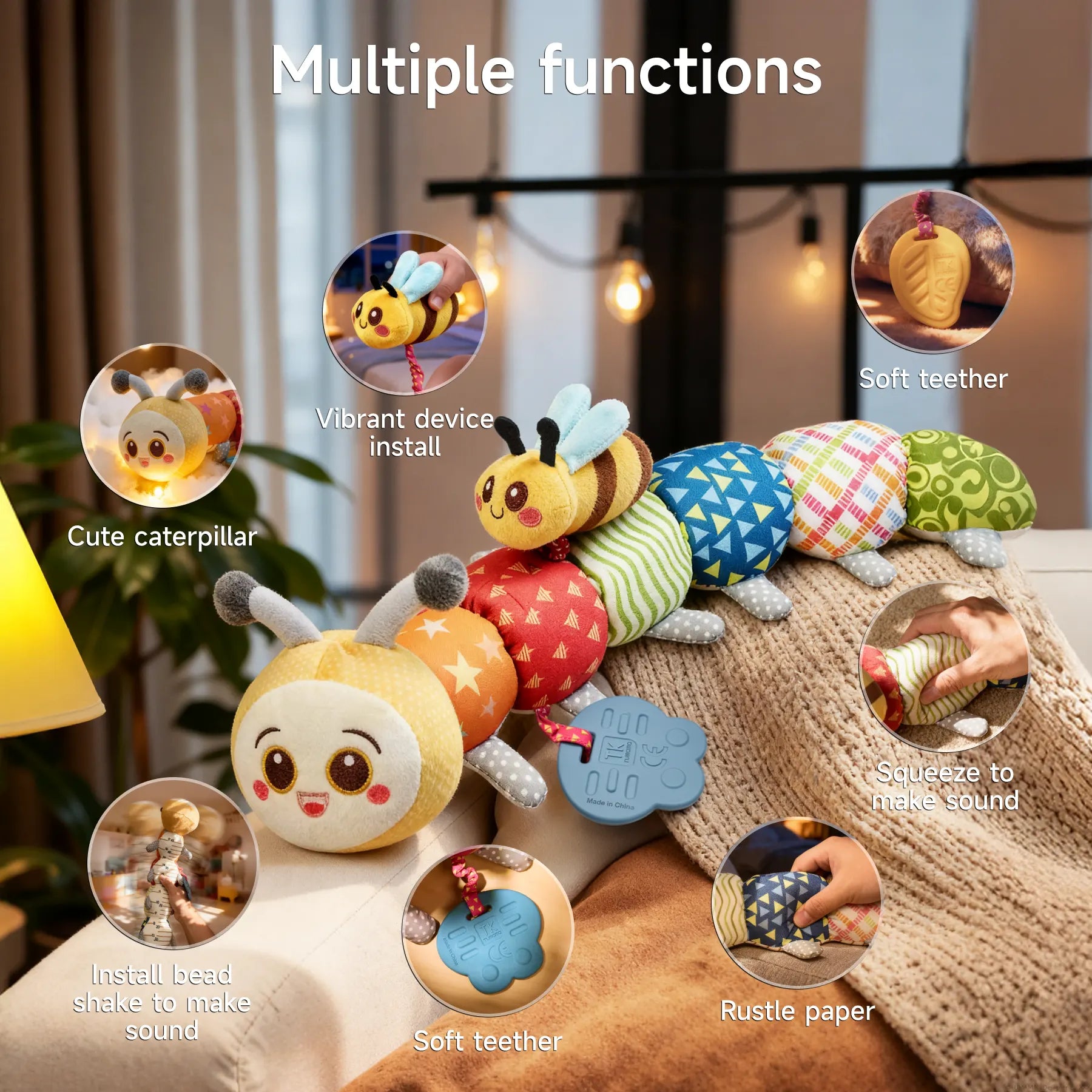 Colorful stuffed caterpillar toy displayed on a sofa, showcasing multiple functions including a soft teether, squeeze-to-sound section, crinkle paper, internal rattle, and a detachable bee with a vibration mechanism; labeled callouts highlighting each interactive feature.