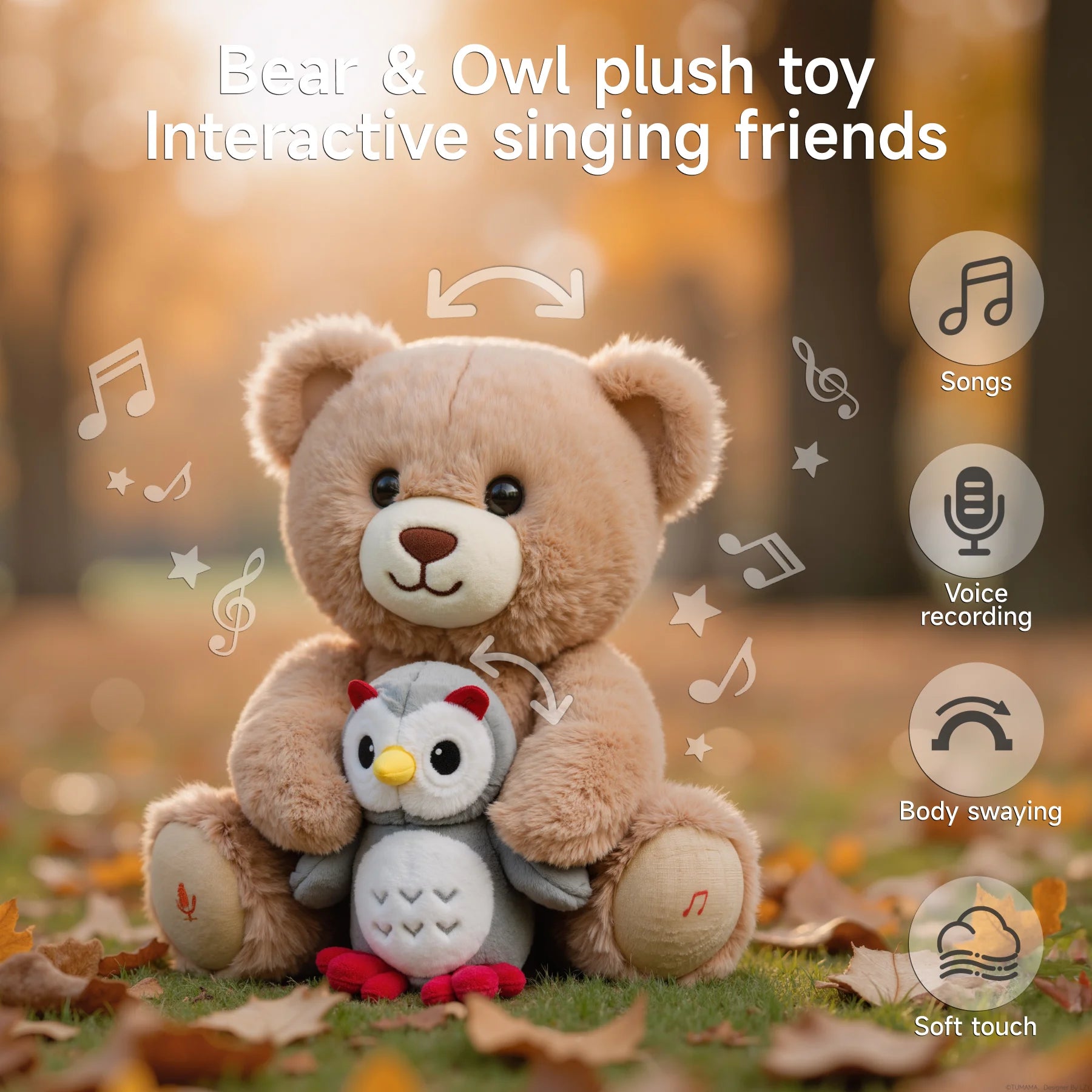 Cute interactive teddy bear and owl plush toy sitting on autumn leaves, featuring singing, voice recording, soft touch, and body swaying functions, with icons and text overlay highlighting features.