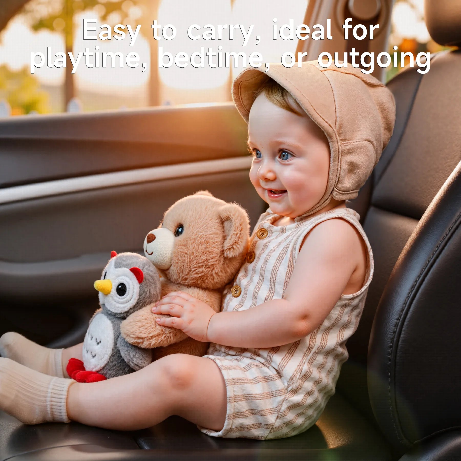Smiling toddler sitting in a car seat holding a teddy bear and owl plush toy, showing the toy’s portability and suitability for playtime, bedtime, or travel.