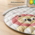 Close-up of baby play mat with grid pressure line design featuring a cute lion print, machine washable, prevents deformation of filling, and resists fading.