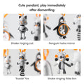 Close-up of four detachable baby gym hanging toys, including a shake ringing cat, penguin mirror toy, rustle fox, and shake ringing little lion, designed for sensory play and development.
