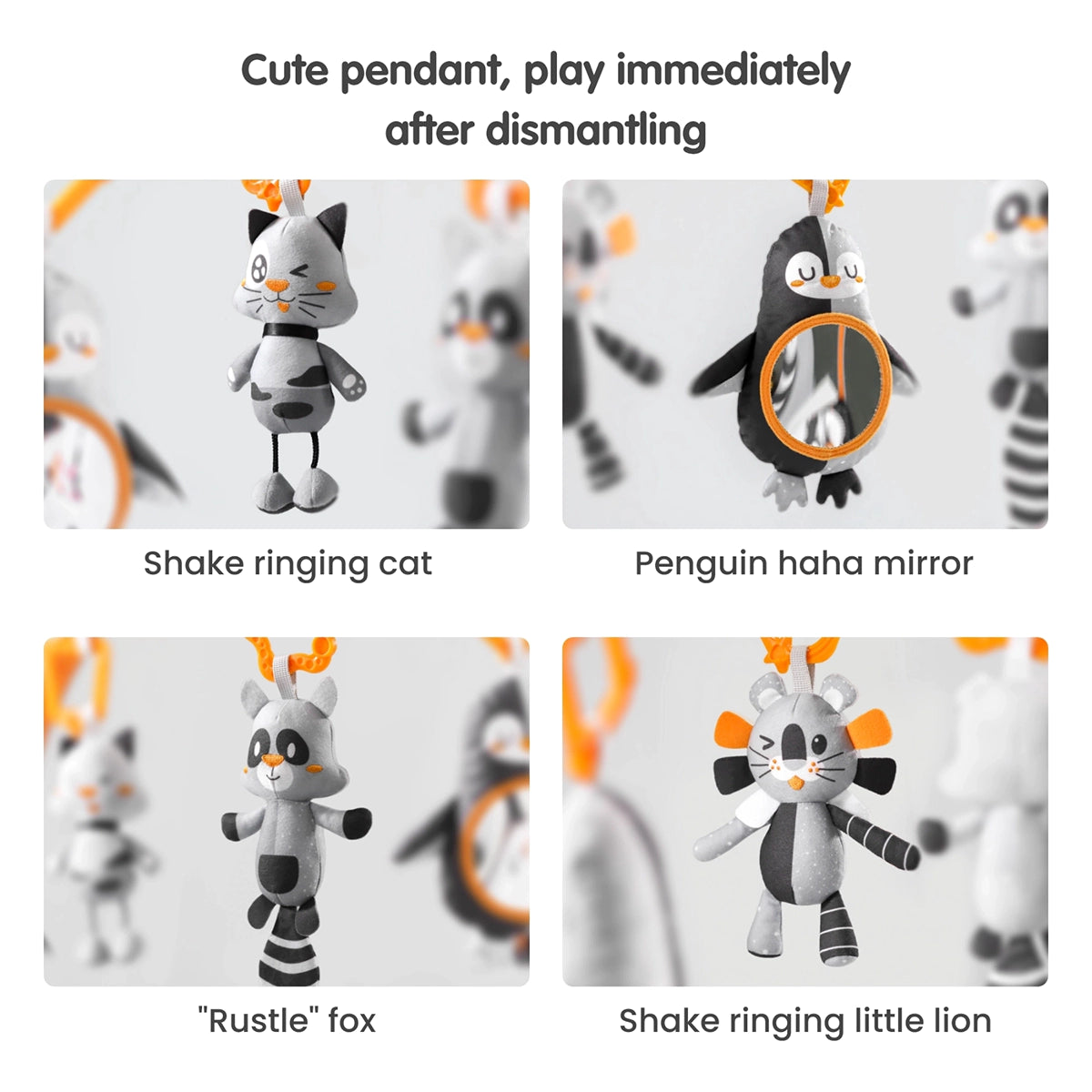 Close-up of four detachable baby gym hanging toys, including a shake ringing cat, penguin mirror toy, rustle fox, and shake ringing little lion, designed for sensory play and development.