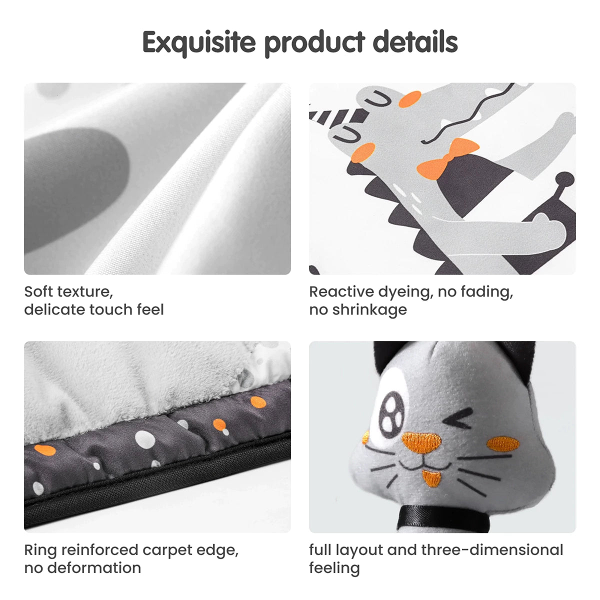 Close-up of baby play gym product details, showing soft textured fabric, reactive dyeing with no fading or shrinkage, reinforced carpet edge for durability, and a plush cat toy with three-dimensional design.
