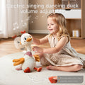A smiling girl plays with an electric singing and dancing duck toy, demonstrating its adjustable volume and 180° neck twist feature. The toy flaps its wings while singing and dancing.