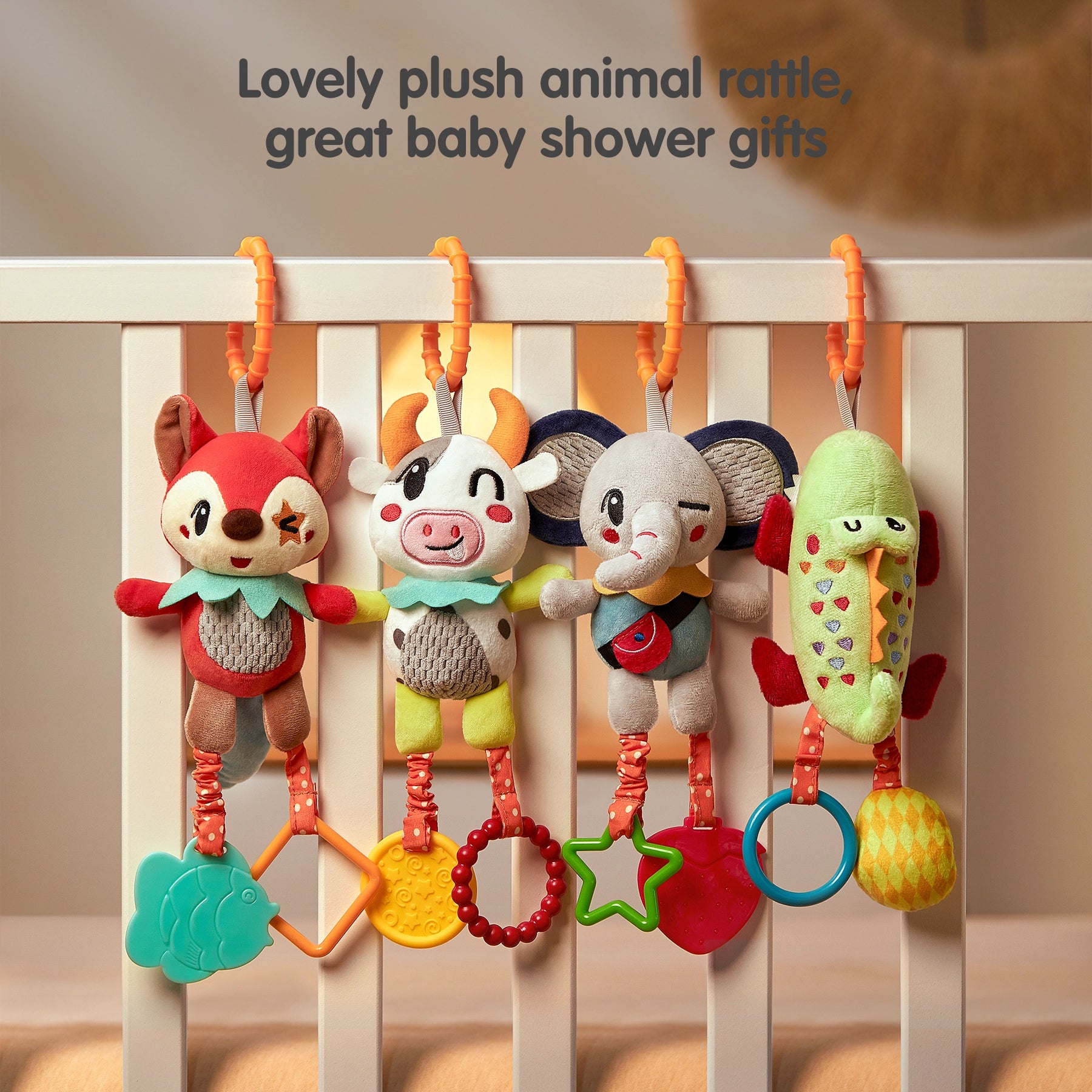 Hanging Soft Plush Baby Rattle Toy Set for Crib, Stroller & Car Seat