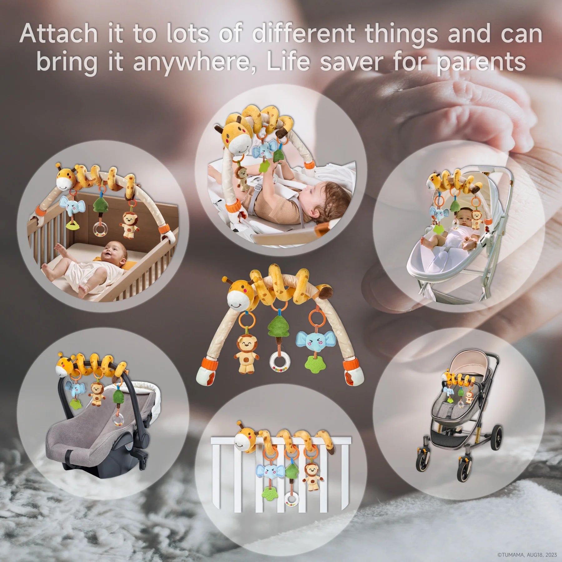 Collage showing multiple ways to use giraffe baby arch toy: attached to crib, stroller, car seat, and baby bouncer. Each setup features hanging plush elephant teether, monkey, tree rattle, and bead ring. Text overlay reads, “Attach it to lots of different things and can bring it anywhere, life saver for parents.”